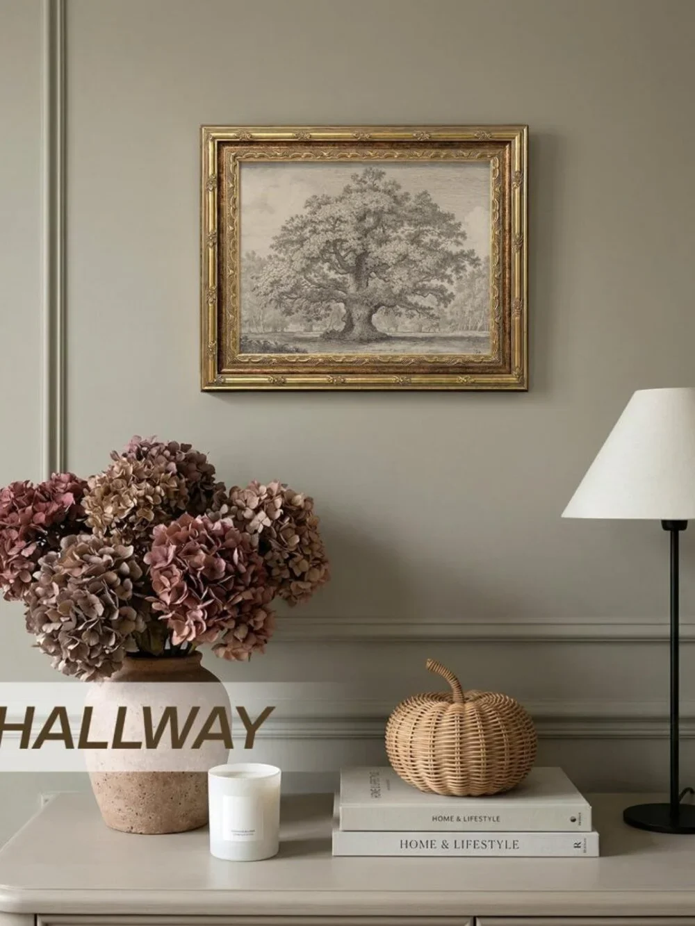 Vintage Botanical Wall Art | Oak Tree Canvas Print | Gold Framed Rustic Decor
